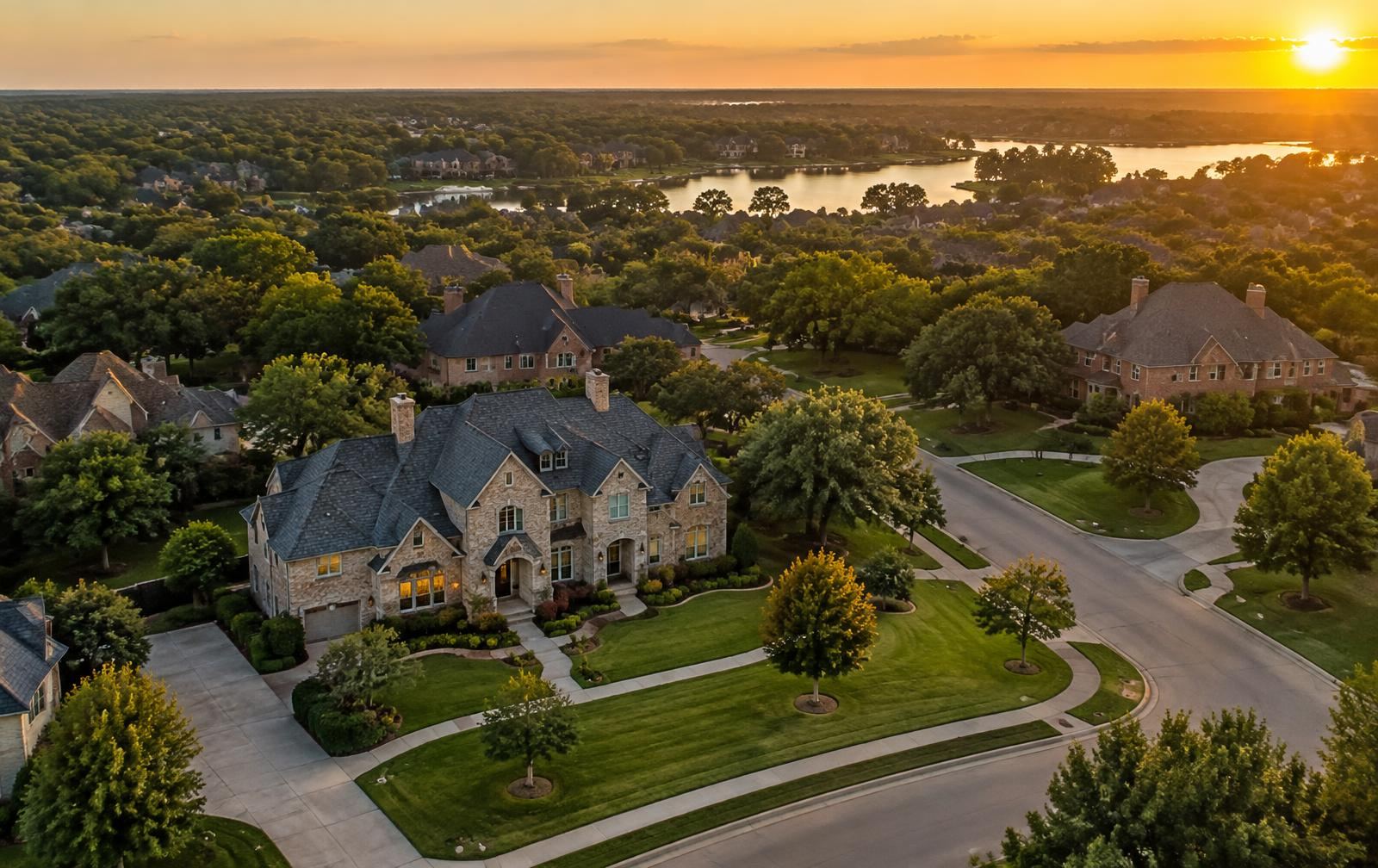 Aerial view of an exclusive gated enclave at dusk