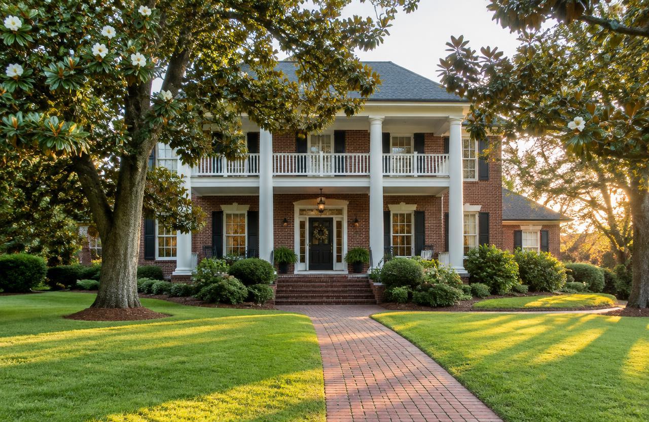 Illustrative traditional Southern brick home — AI-generated, not a local listing