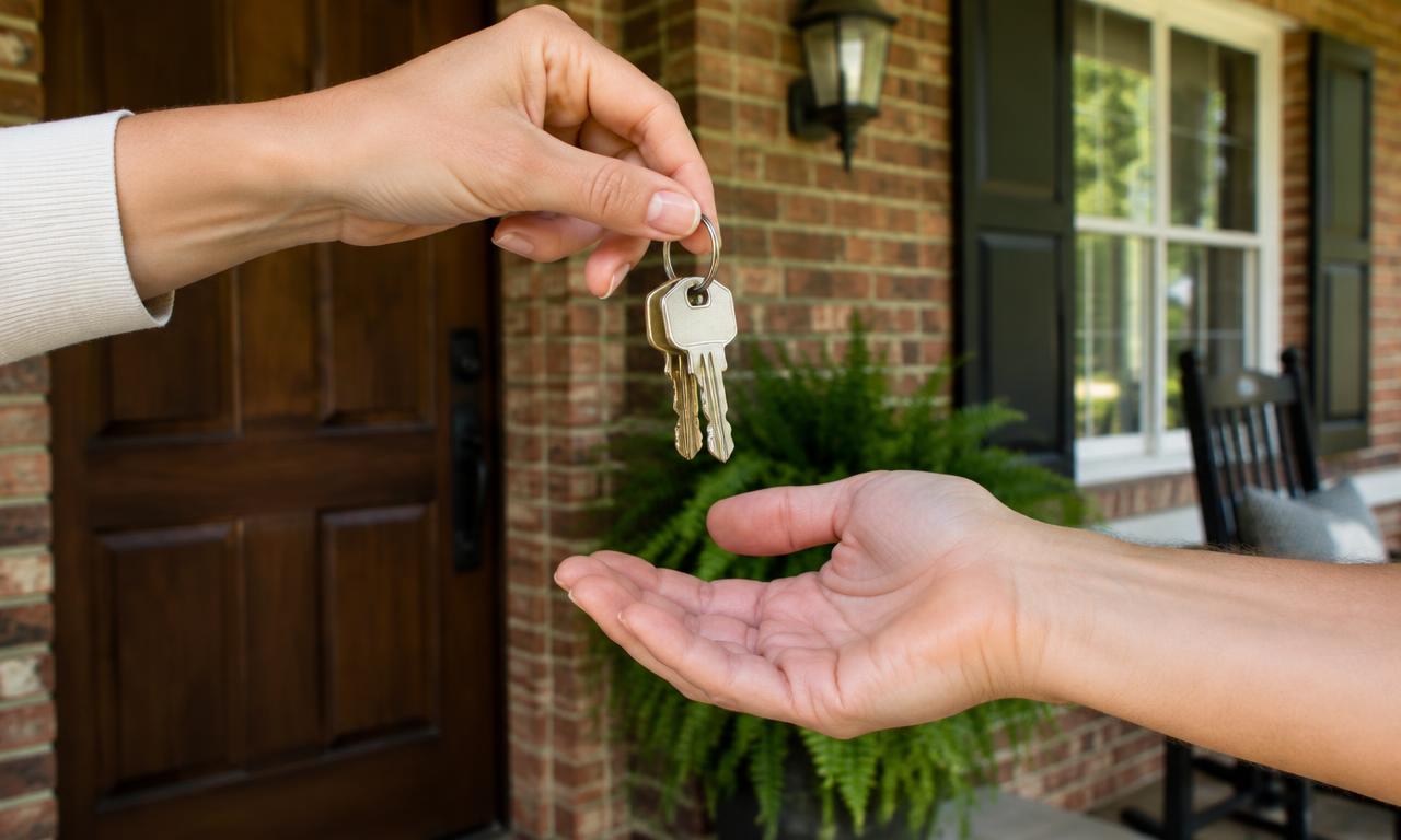 Illustrative keys handed over on a brick home porch