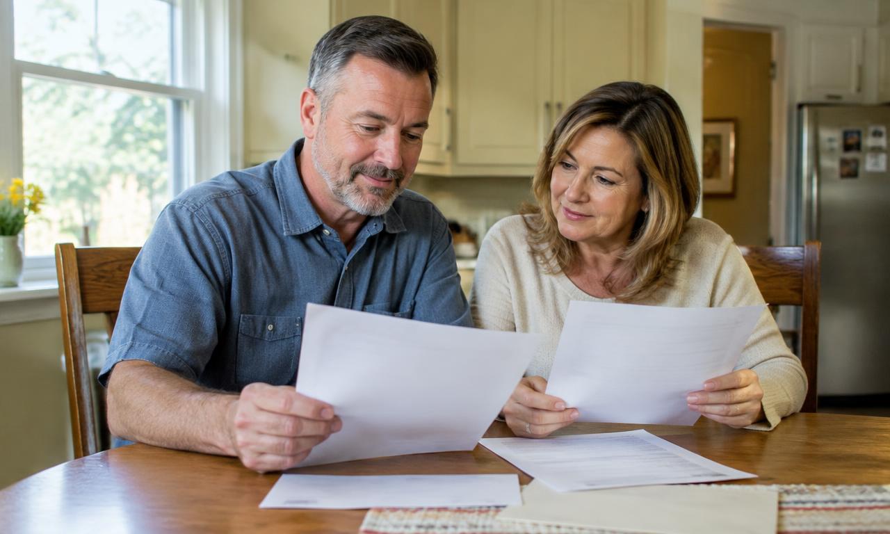 Illustrative homeowners reviewing written paperwork